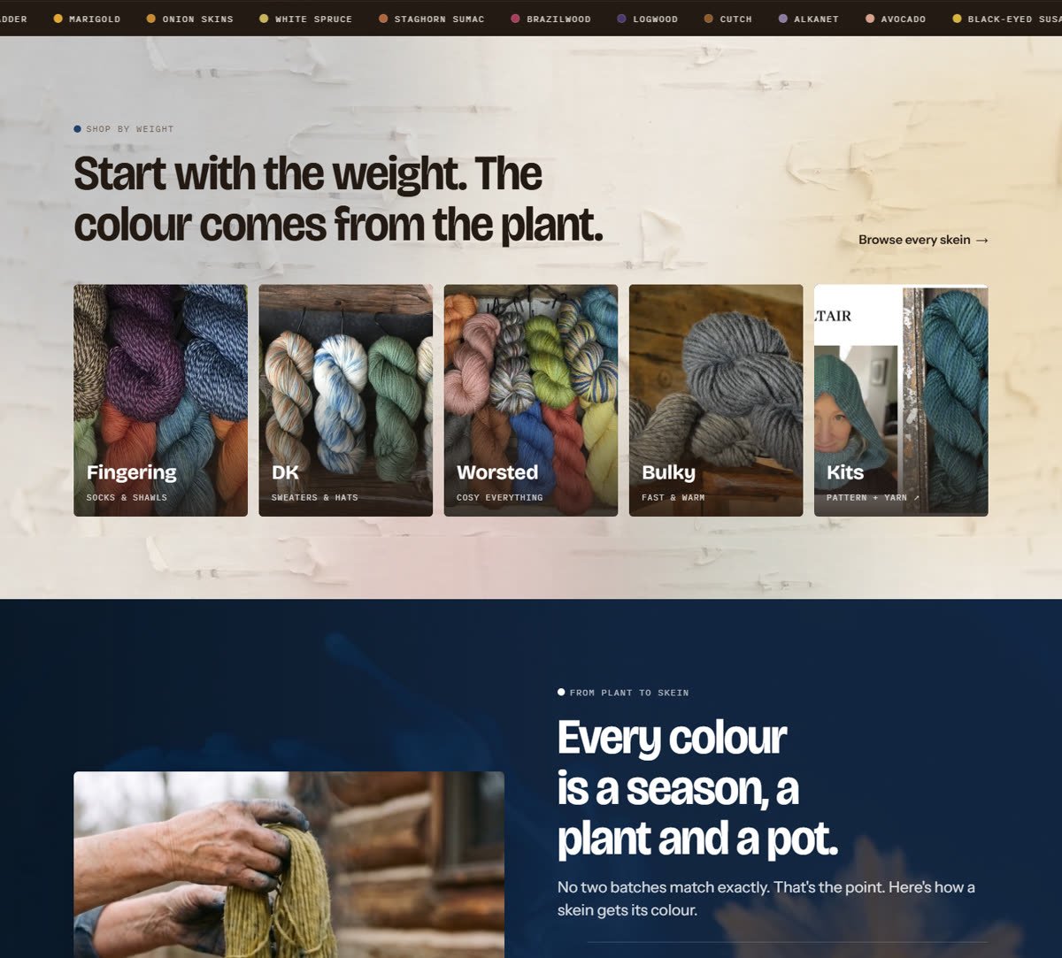 The rest of the Cabin Boy Knits home page: dye-plant ticker, the free-shipping offer, yarn weights, dye plants and the sheep section