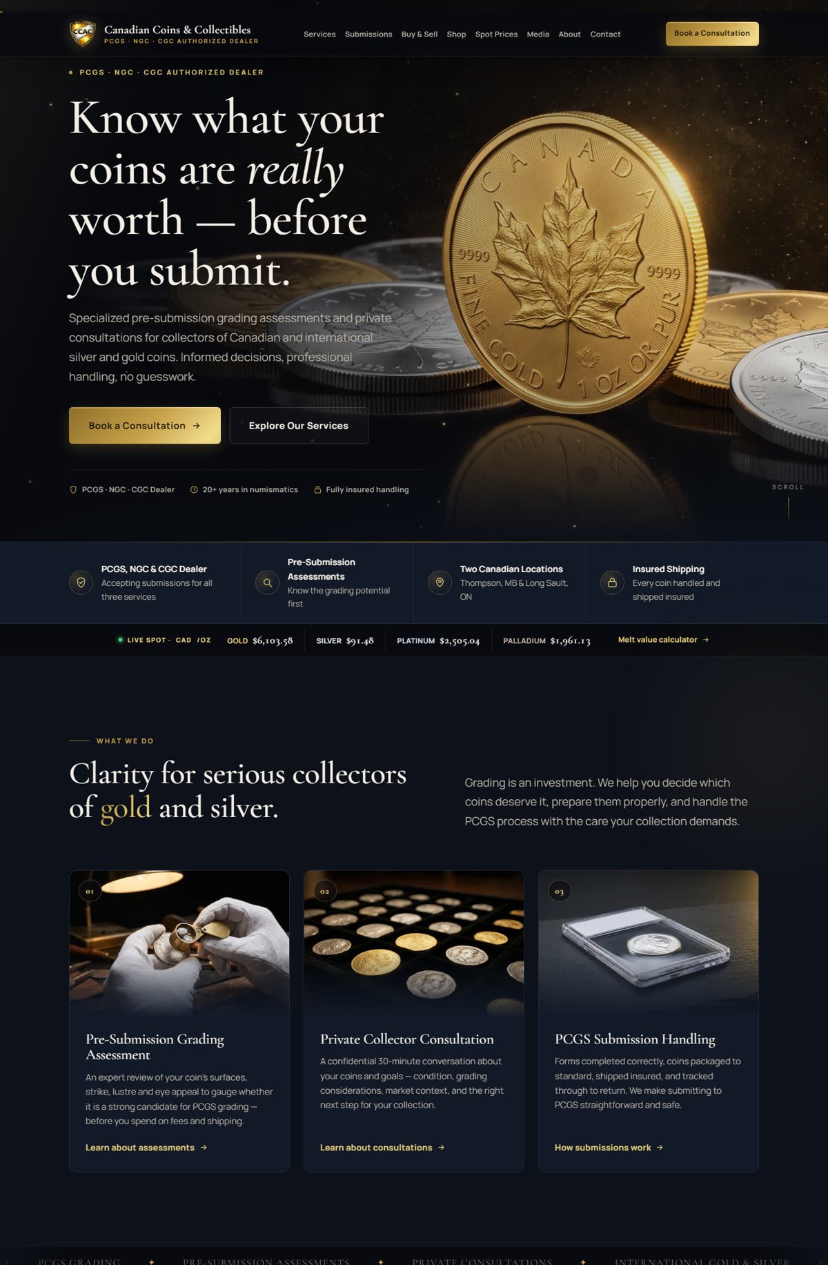 Canadian Coins and Collectibles website home page with gold and black styling, coin photography and live spot prices