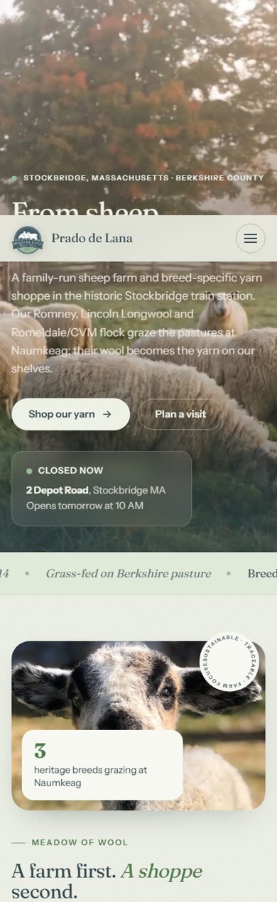 Prado de Lana home page on a phone: sheep hero, From sheep to stitch headline, shop and visit buttons, and the opening-hours card
