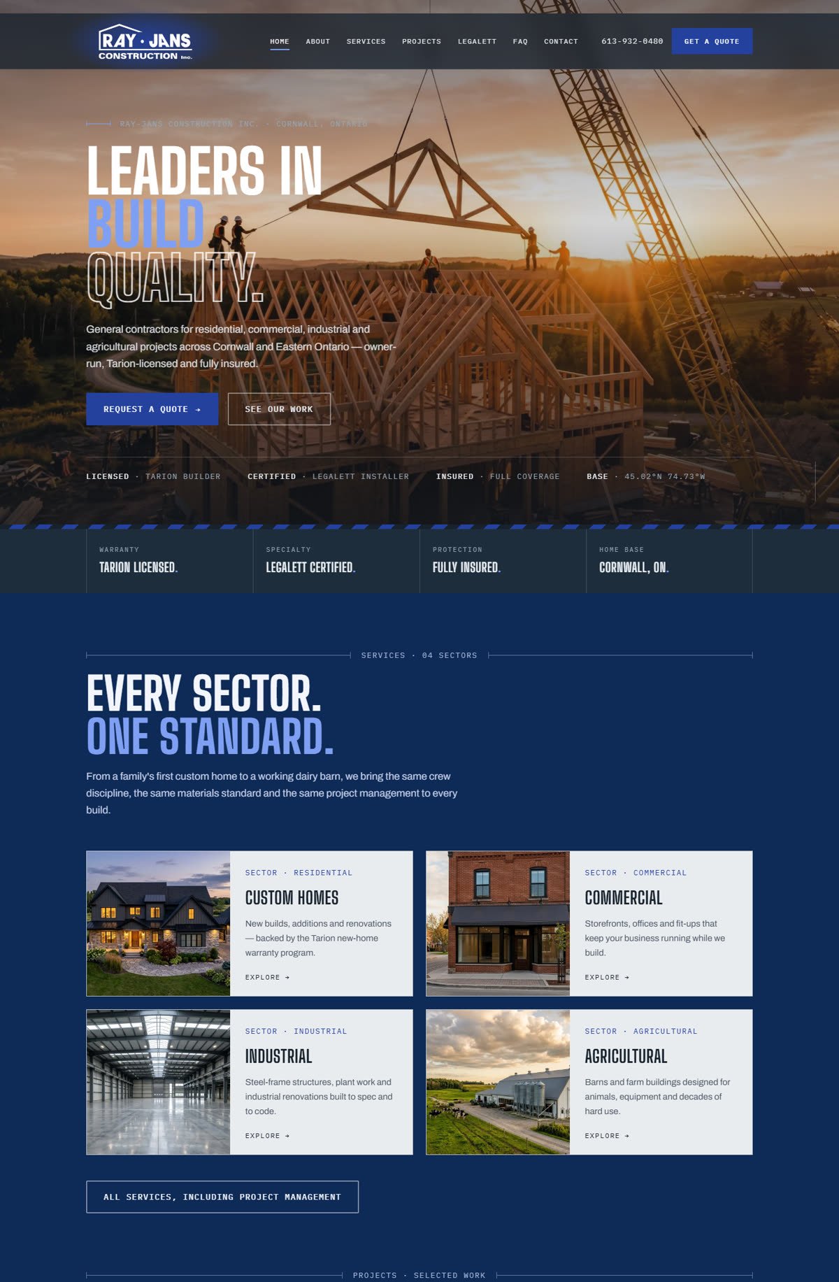 Ray-Jans Construction website: dark blue home page with a sunset roof-truss photo and the headline Leaders in Build Quality