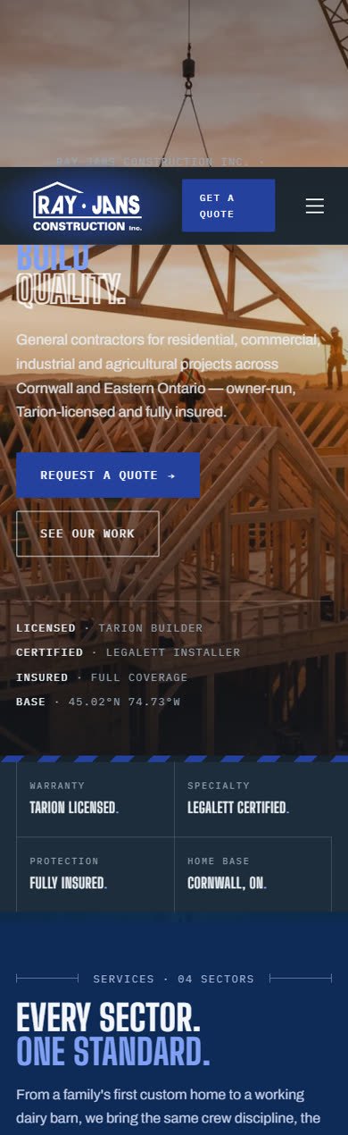 Ray-Jans Construction home page on a phone, with the logo, get-a-quote button and hero headline
