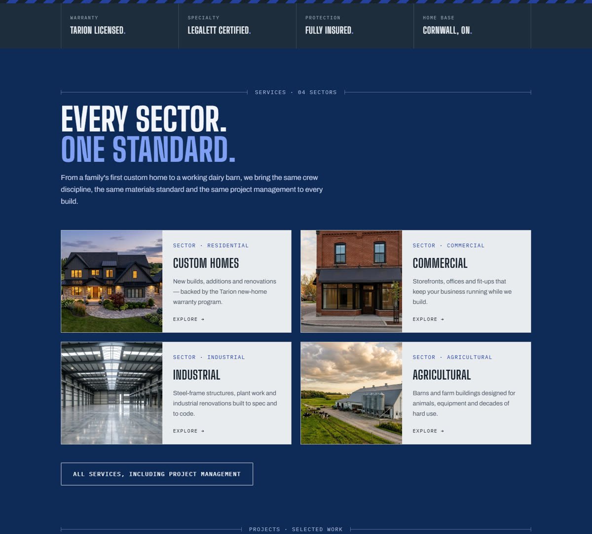The rest of the Ray-Jans Construction home page: credential strip, four sector cards, featured projects and the Legalett section
